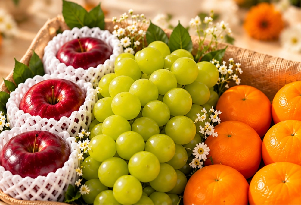 Kinnaur Apples, Shine Muscat Grapes & Mandarins in a Handcrafted Wooden Tray