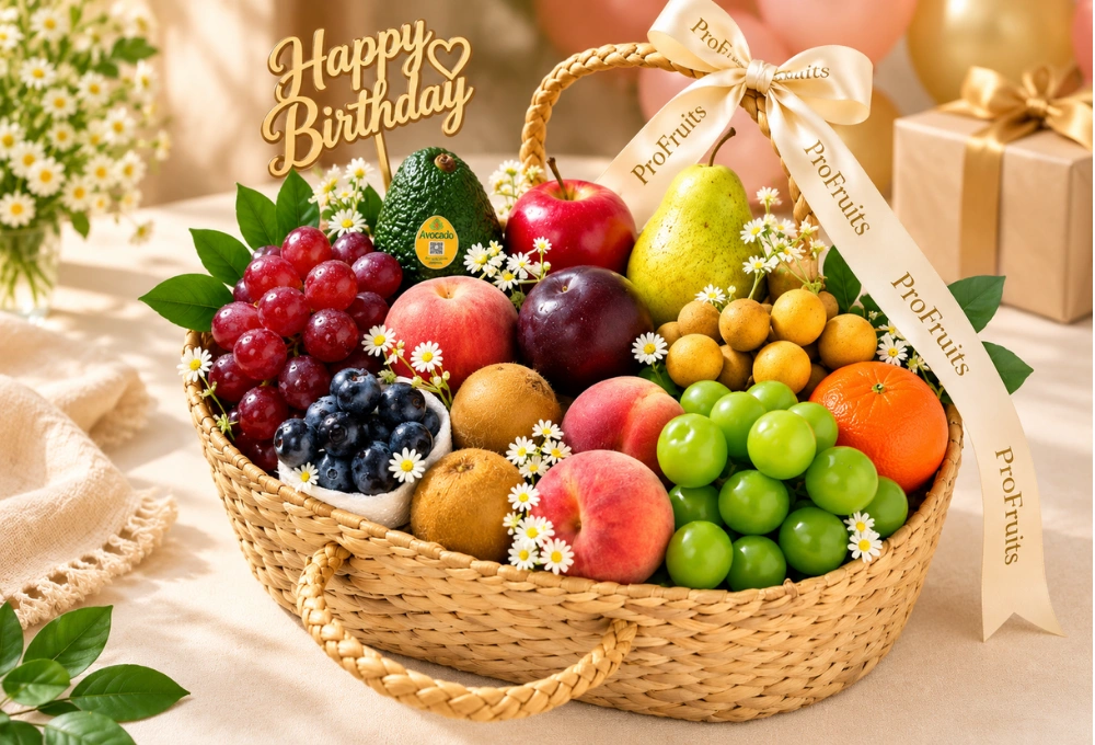 Elegant birthday exotic fruit basket with premium fresh fruits, Happy Birthday topper, flowers and ProFruits ribbon