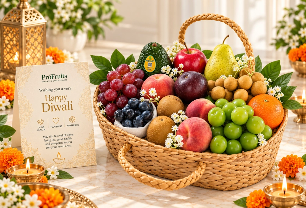 Premium Exotic Fruit Basket with Avocado, Rockit Apple, Peaches & Grapes for Diwali