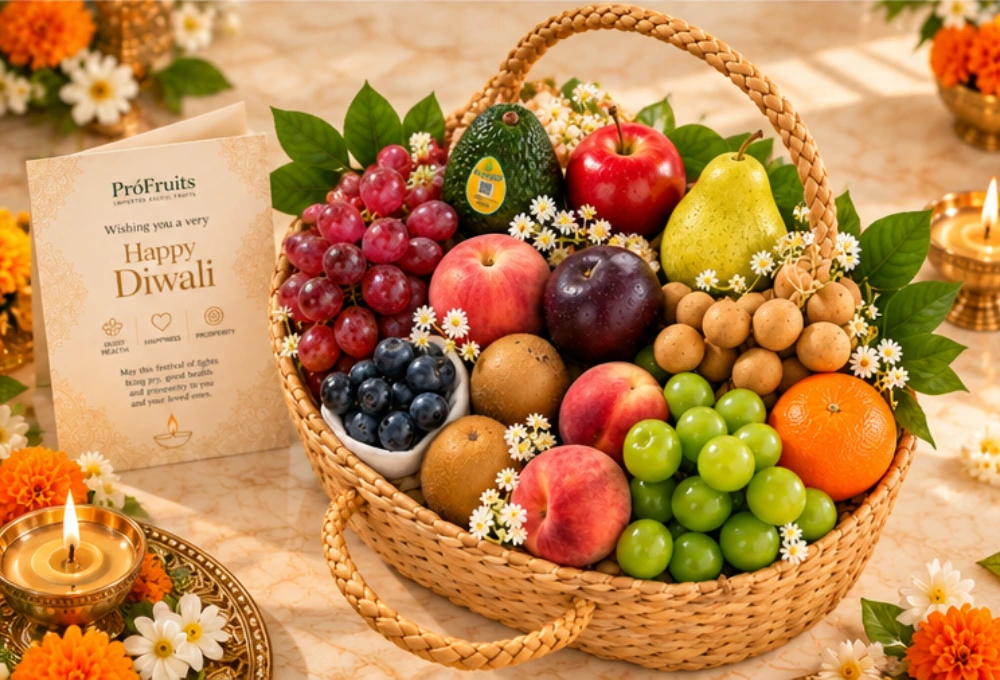 Premium Exotic Fruit Basket with Avocado, Rockit Apple, Peaches & Grapes for Diwali