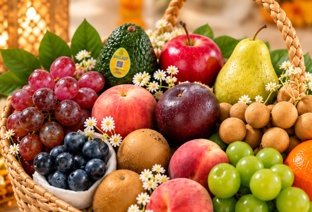 Premium Exotic Fruit Basket with Avocado, Rockit Apple, Peaches & Grapes for Diwali