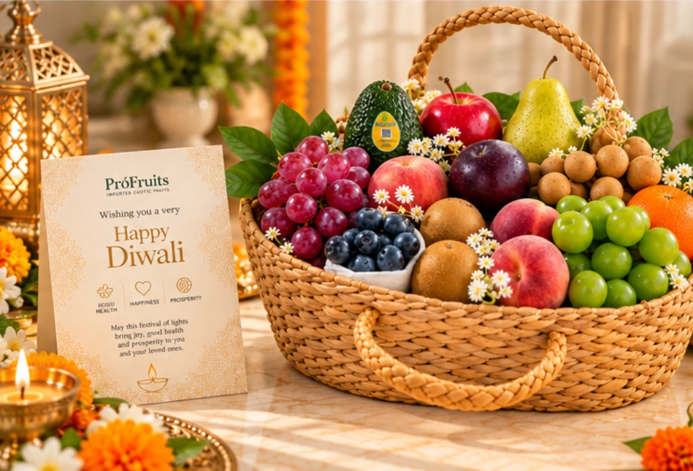 Premium Exotic Fruit Basket with Avocado, Rockit Apple, Peaches & Grapes for Diwali