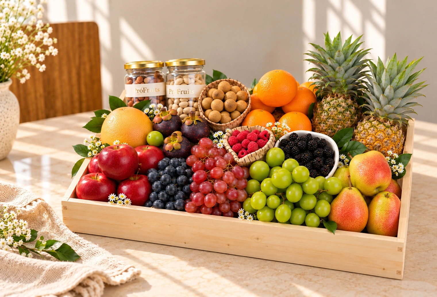 Premium wooden fruit tray filled with Rockit Apples, Grapefruit, Mangosteen, Longan, Blueberries, Red Seedless Grapes, Valencia Oranges, Honey Pineapple, Red Beauty Pears, Mulberries, Raspberries, Green Muscat Grapes, a Cashew Jar, and a Fig Jar.