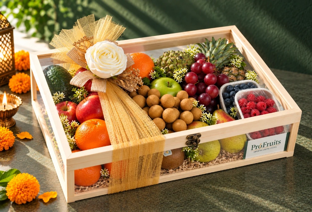 Premium Diwali exotic fruit hamper in a solid wood frame box with a fibre glass lid, featuring Rockit Apples, Australian Oranges, China Plums, Golden Kiwi, Avocado, Blood Oranges, Custard Apple, Red Globe Grapes, Honey Pineapple, Longan, Raspberries, and Blueberries.