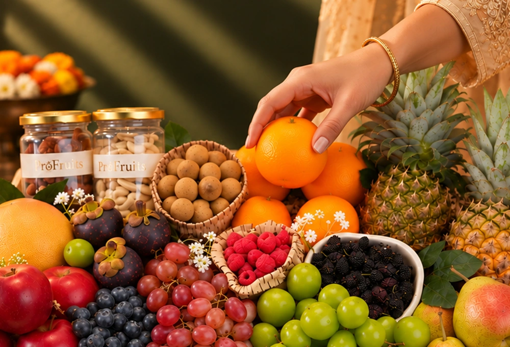 Rockit Apple, Grapefruit, Mangosteen, Longan, Blueberries, Red Seedless Grapes, Valencia Orange, Whole Honey Pineapple, Red Beauty Pear, Mulberries, Raspberries, Green Muscat Grapes, Cashew Jar, and Fig Jar with a Wooden Tray & Happy Diwali Greeting Card.