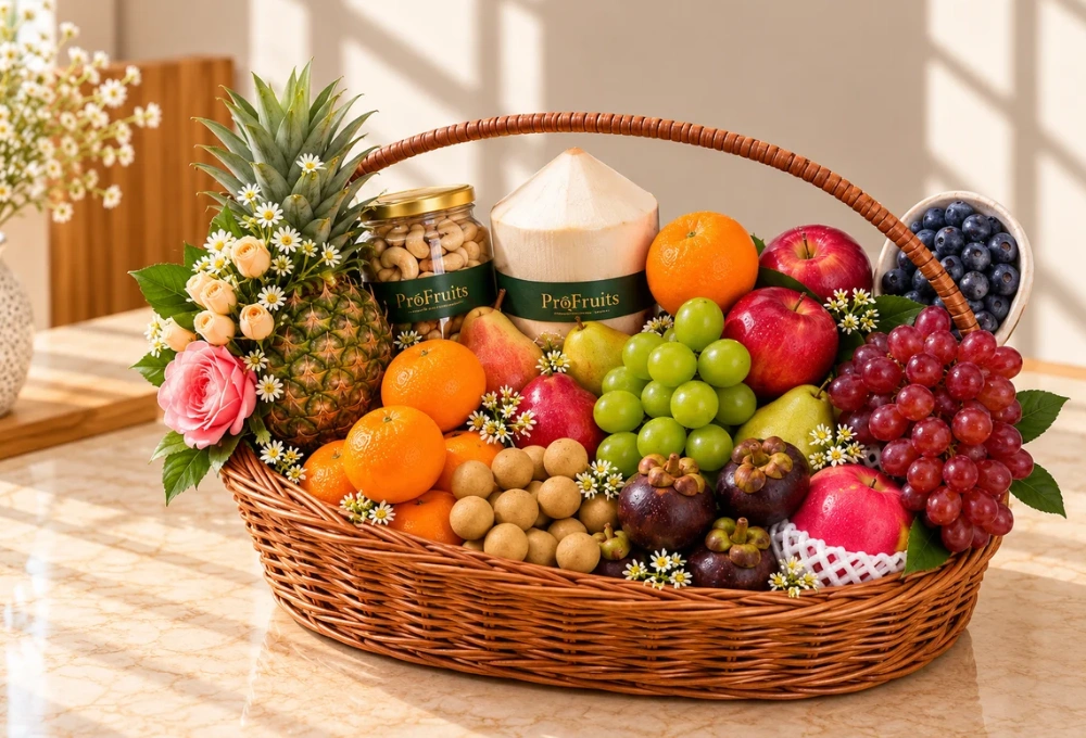 Premium handle basket filled with Longan, Mangosteen, Murcott Orange, Red Beauty Pear, Green Vermont Pear, Valencia Orange, Rockit Apple, Green Muscat Grapes, Red Seedless Grapes, Fuji Apple, Thai Coconut, Whole Honey Pineapple, Blueberries, and a mixed dry fruits jar.