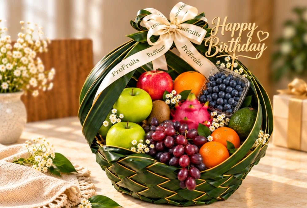 Luxurious ProFruits birthday fruit hamper with premium exotic fruits, Happy Birthday topper, elegant ribbon and fresh floral decoration