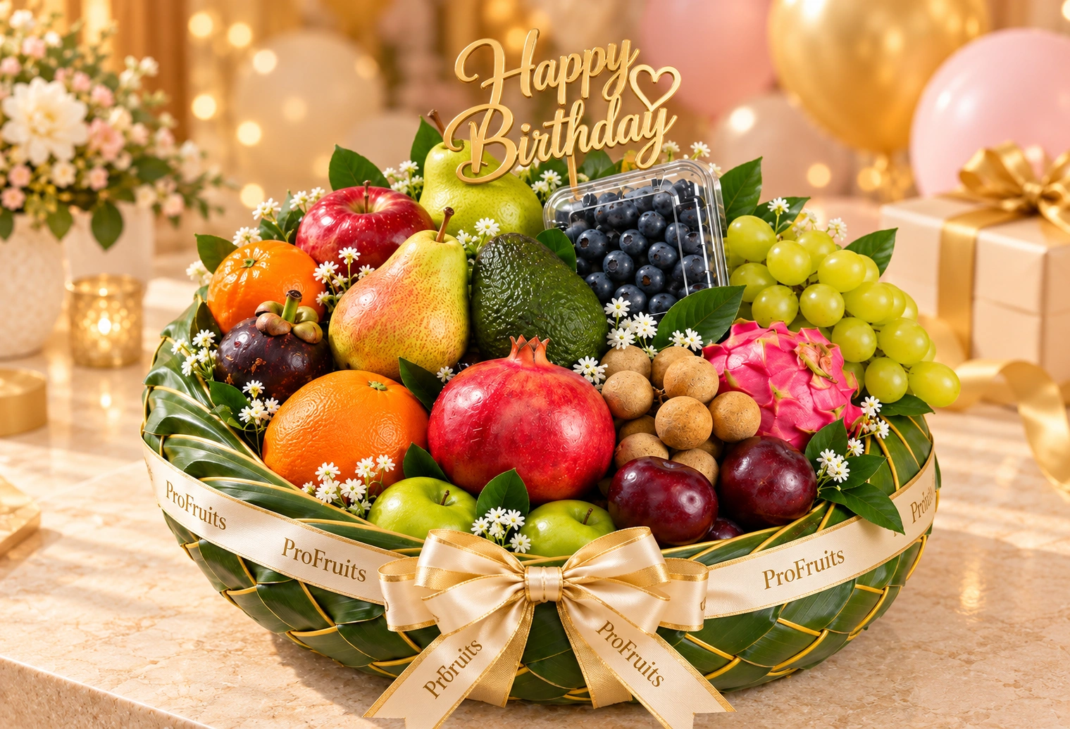 Luxury ProFruits birthday fruit basket filled with premium exotic fruits, elegant ribbon, floral decoration and Happy Birthday topper
