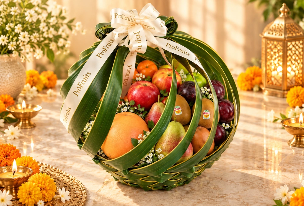 Premium Diwali fruit gift featuring Red Beauty Pears, Golden Kiwi, China Plums, Green and Rockit Apples, Mandarins, Kutch Dragon Fruit, Grapefruit and a greeting card