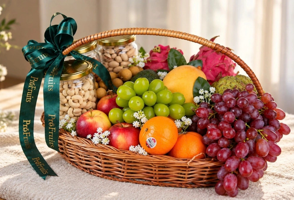 Premium exotic fruit and dry fruit gift basket with red and green grapes, Rockit apples, mandarins, custard apples, dragon fruit, Hass avocado, Egyptian mango, longan and premium dry fruit jars