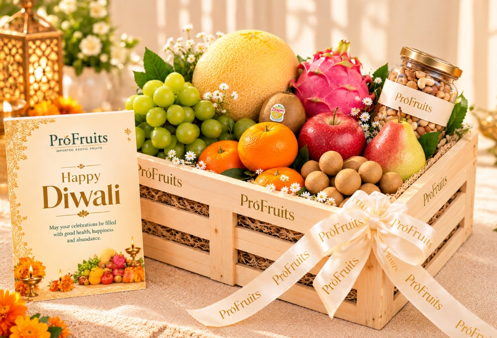 Premium ProFruits Diwali fruit and dry fruit hamper in a handcrafted wooden tray