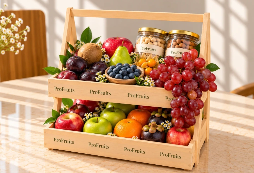 Premium double-stand wooden tray filled with Green Kiwi, China Plum, Red Seedless Grapes, Vermont Pear, Fuji Apple, Avocado, Gooseberry, Green Apple, Rockit Apple, Murcott Orange, Mangosteen, Red Beauty Pear, Cashew Jar, and Almond Jar.