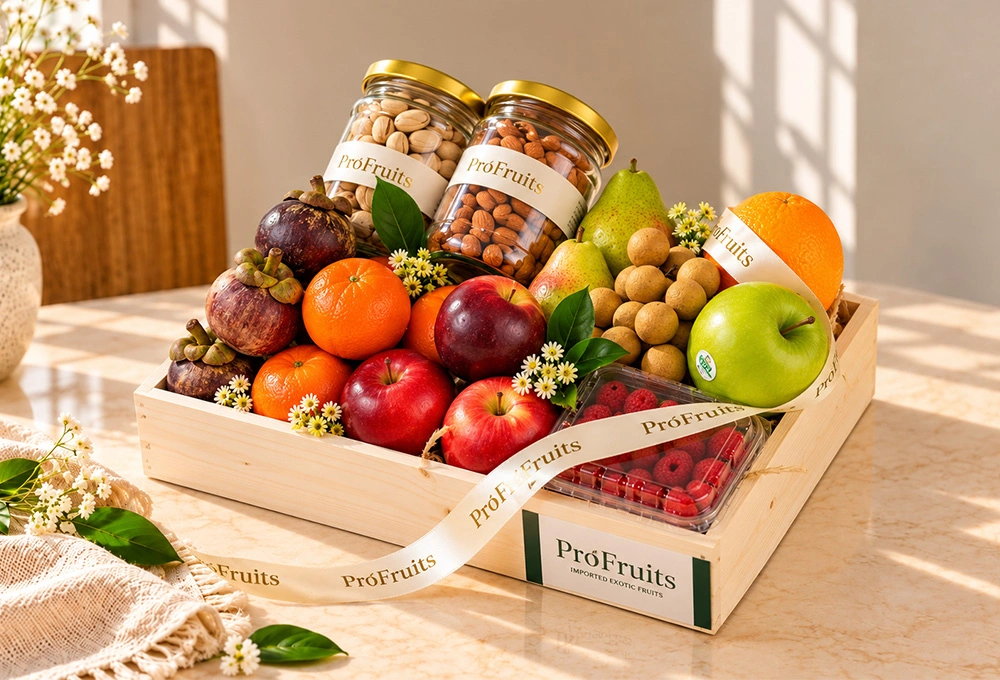 Premium ProFruits wooden fruit tray featuring With Exotic Flowers & Dry Fruits