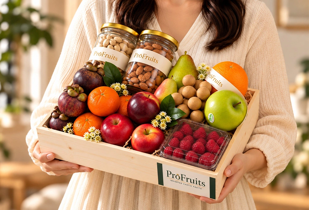 Premium ProFruits wooden fruit tray featuring With Exotic Flowers & Dry Fruits