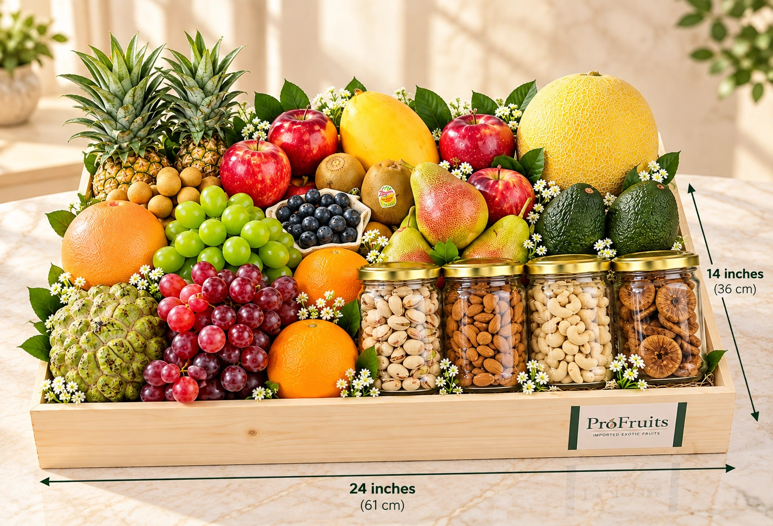 Premium handcrafted 24-inch wooden tray filled with exotic fruits