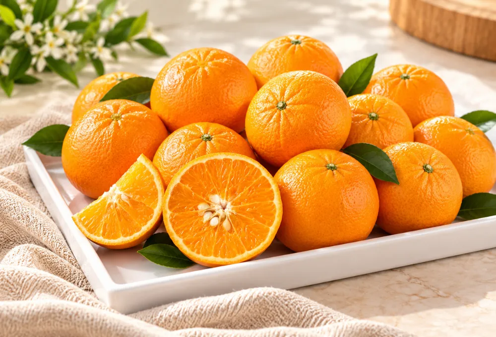 Premium Murcott Oranges from Australia, fresh juicy oranges beautifully arranged on a white serving tray