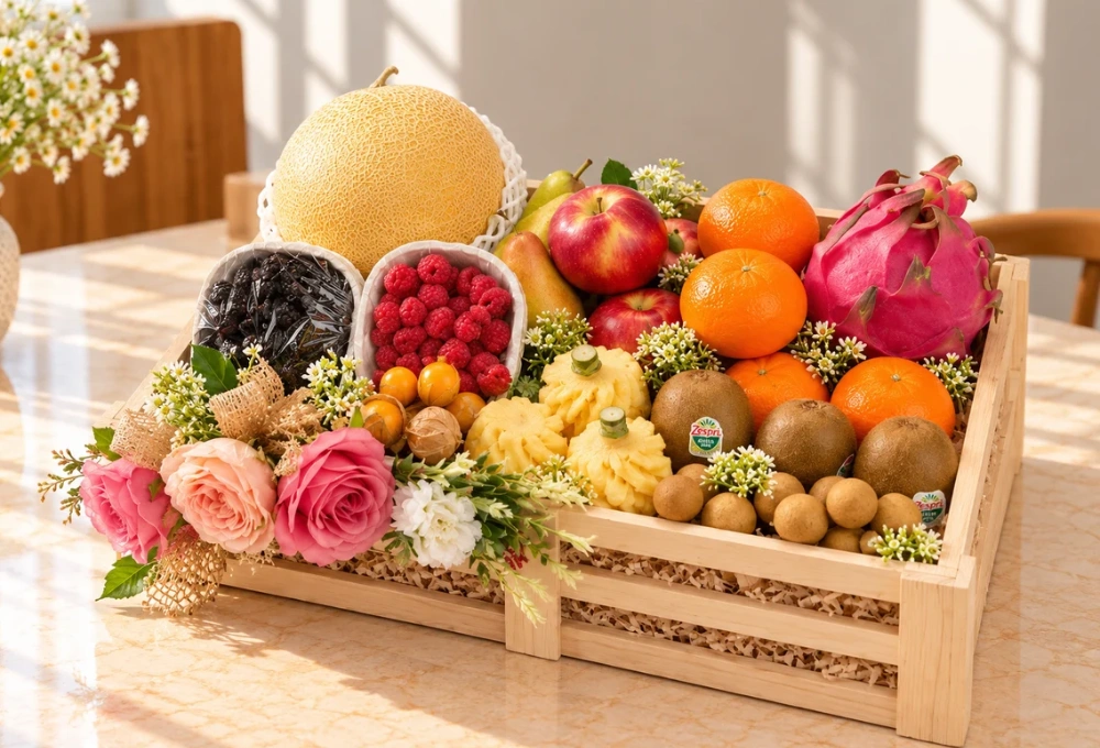 Premium wooden fruit tray filled with Golden Kiwi, Golden Emerald Muskmelon, Red Beauty Pear, Rockit Apple, Kutch Dragon Fruit, Murcott Orange, Longan, Honey Pineapple, Gooseberries, Mulberries, and Raspberries.
