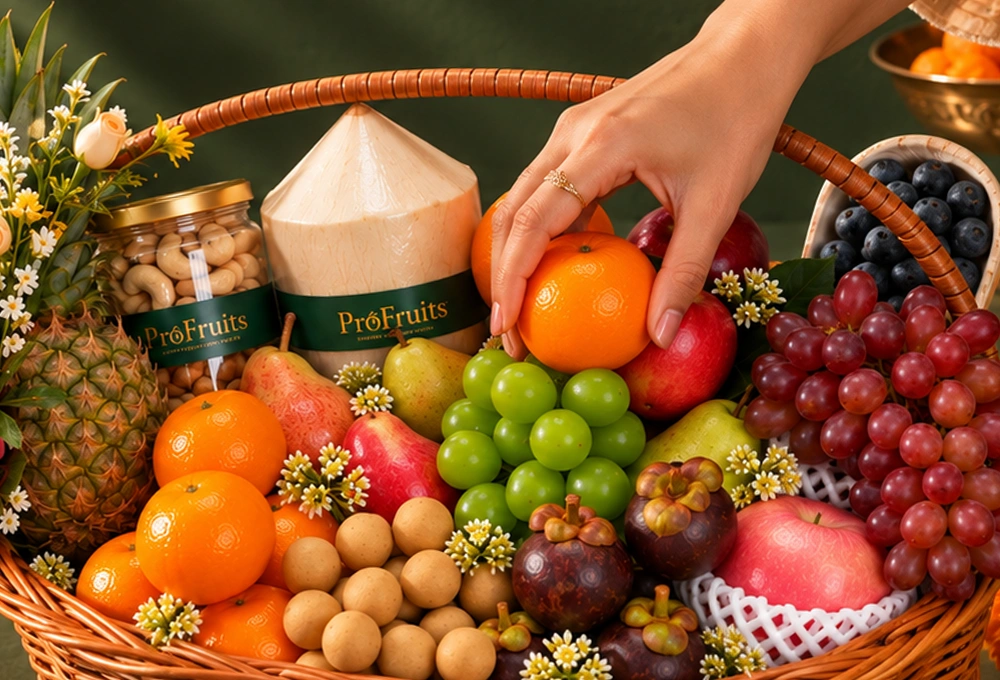 Longan, Mangosteen, Murcott Orange, Red Beauty Pear, Green Vermont Pear, Valencia Orange, Rockit Apple, Green Muscat Grapes, Red Seedless Grapes, Fuji Apple, Thai Coconut, Whole Honey Pineapple, and Blueberries with a Handle Basket & Happy Diwali Greeting Card.
