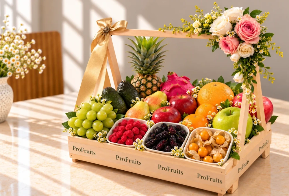 Premium exotic fruit assortment featuring Muscat Grapes, Avocado, Red Beauty Pears, Red Apples, Grapefruit, Pomegranate, Dragon Fruit, Honey Pineapple, Granny Smith Apples, Mulberries, Gooseberries, and Raspberries.