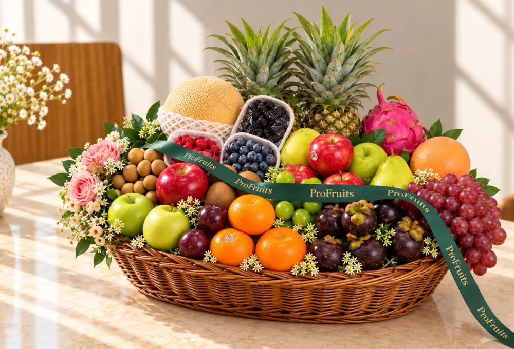 Premium exotic fruit basket filled with Golden Kiwi, Kutch Dragon Fruit, Mangosteen, Pink Guava, Red Ice Guava, Longan, Golden Emerald Muskmelon, Avocado, apples, pears, grapes, oranges, pineapple, blueberries, mulberries, and raspberries.