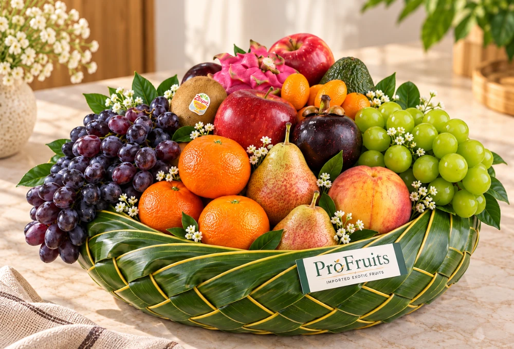 Muscat Grapes, Black China Grapes, Yellow Nectarine, Red Beauty Pear, Mandarin, Rockit Apple, Mangosteen, Golden Kiwi, Kumquat, Dragon Fruit, and Avocado.