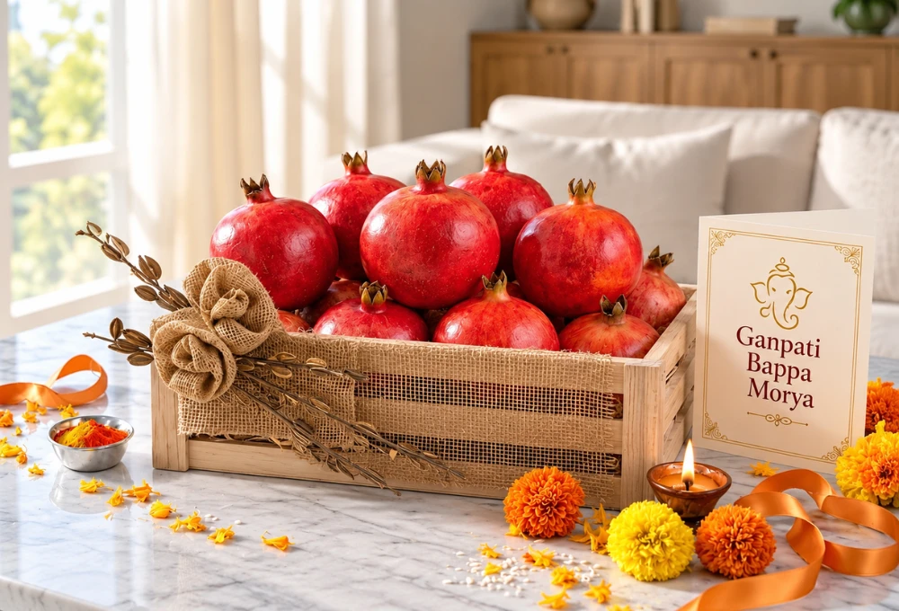 Premium pomegranates arranged in a natural wooden tray with Ganpati greeting cards