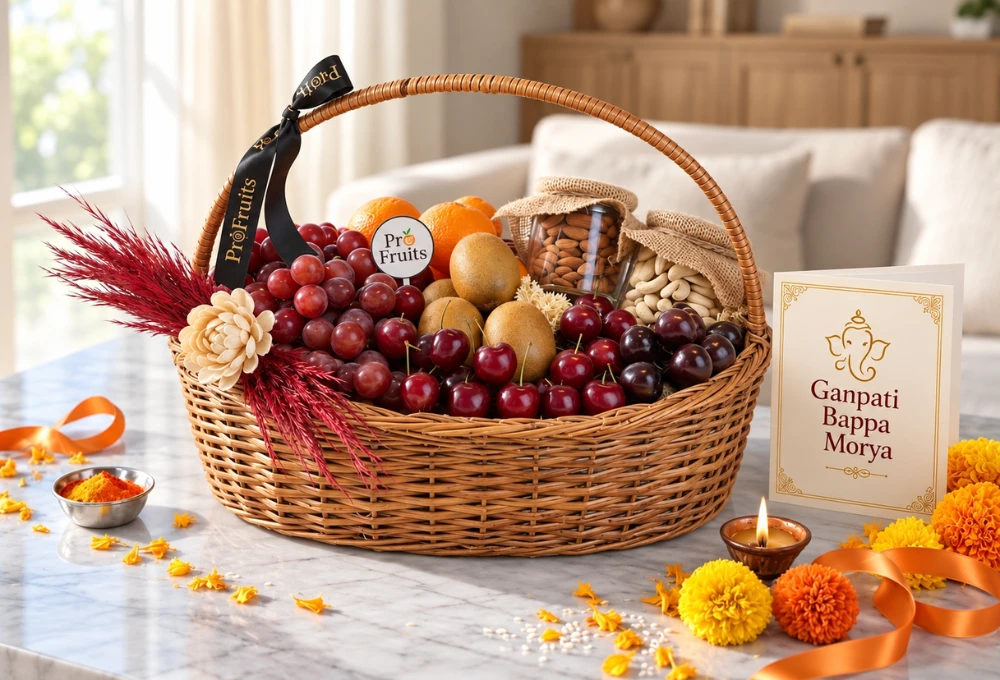 Premium handmade Ganpati basket with red grapes, USA cherries, Golden Kiwi, mandarins, cashew and almond jars