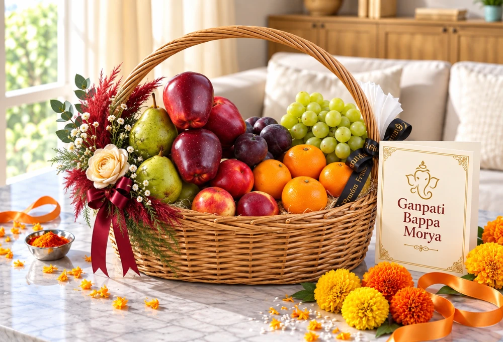 Premium Ganpati fruit basket with Green Muscat Grapes, Mandarins, Washington Apples, Pears, Nectarines and Plums
