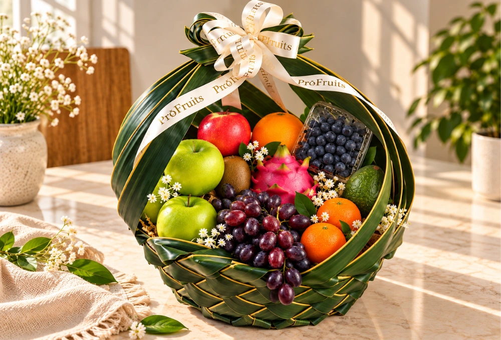 Premium exotic fruit basket with green apples, red apples, black grapes, blueberries, kiwi, avocado, dragon fruit and oranges beautifully arranged for gifting