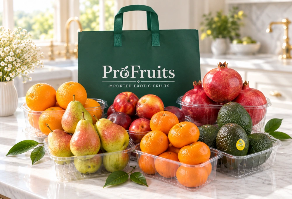 Premium fruit gift bag with Valencia oranges, mandarins, Red Beauty pears, XL pomegranates, Hass avocados and Rockit apples in premium ProFruits packaging
