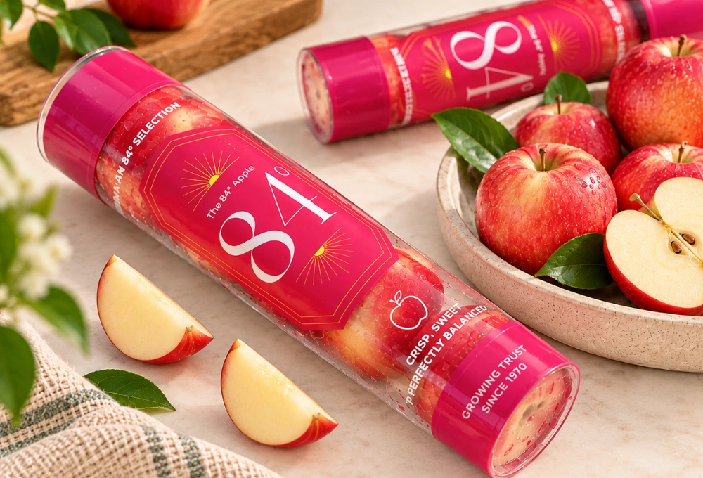 Premium 84° Selection Apples from New Zealand, crisp red apples presented in premium individual tubes
