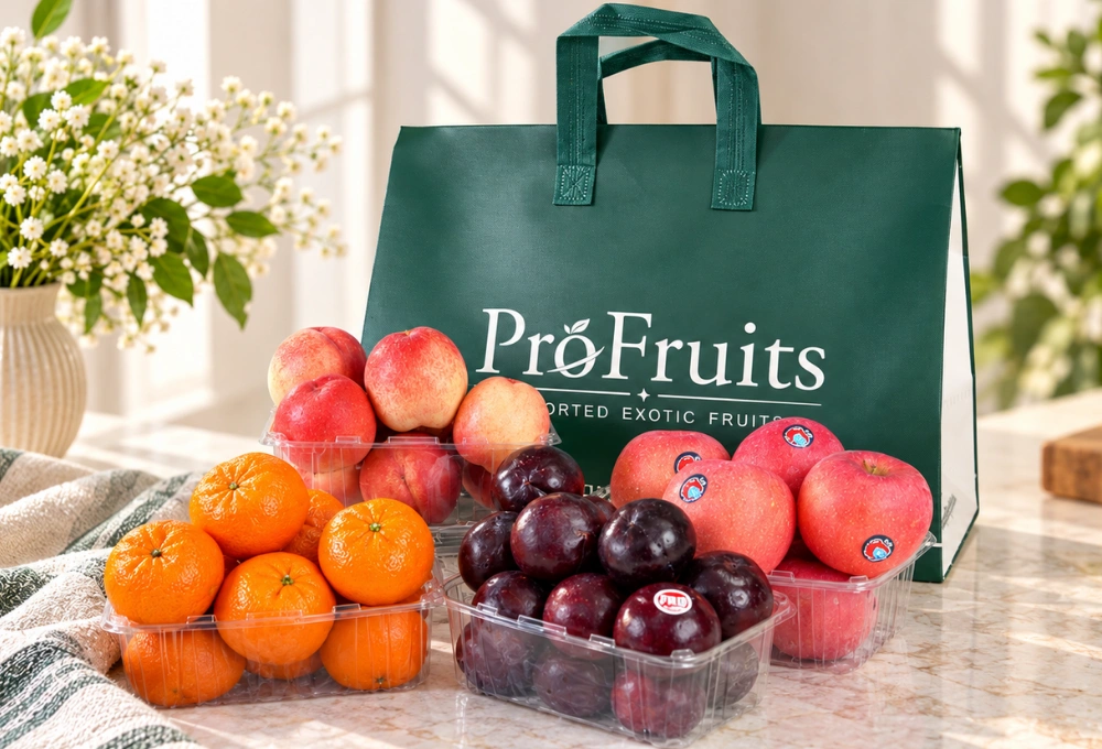 fruit gift bag featuring Turkey White Nectarines, China Plums, Mandarins and Fuji Apples