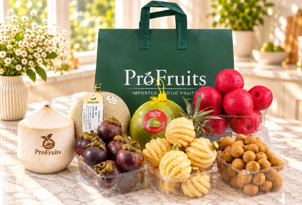 Premium tropical fruit gift bag with Chia Tai melon, pomelo, longan, mangosteen, Thai honey pineapple, Red Ice guava and Thai tender coconut in ProFruits packaging