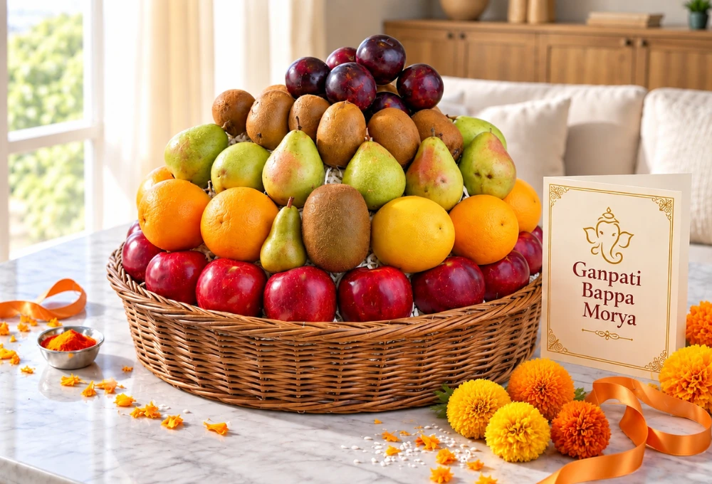 Washington Apples 4kg, Washington Pears 2kg, Valencia Orange 4kg, Fresh Plums 500g and Fresh Golden Kiwi 6pcs in Premium Basket with Ganpati Greeting Card.