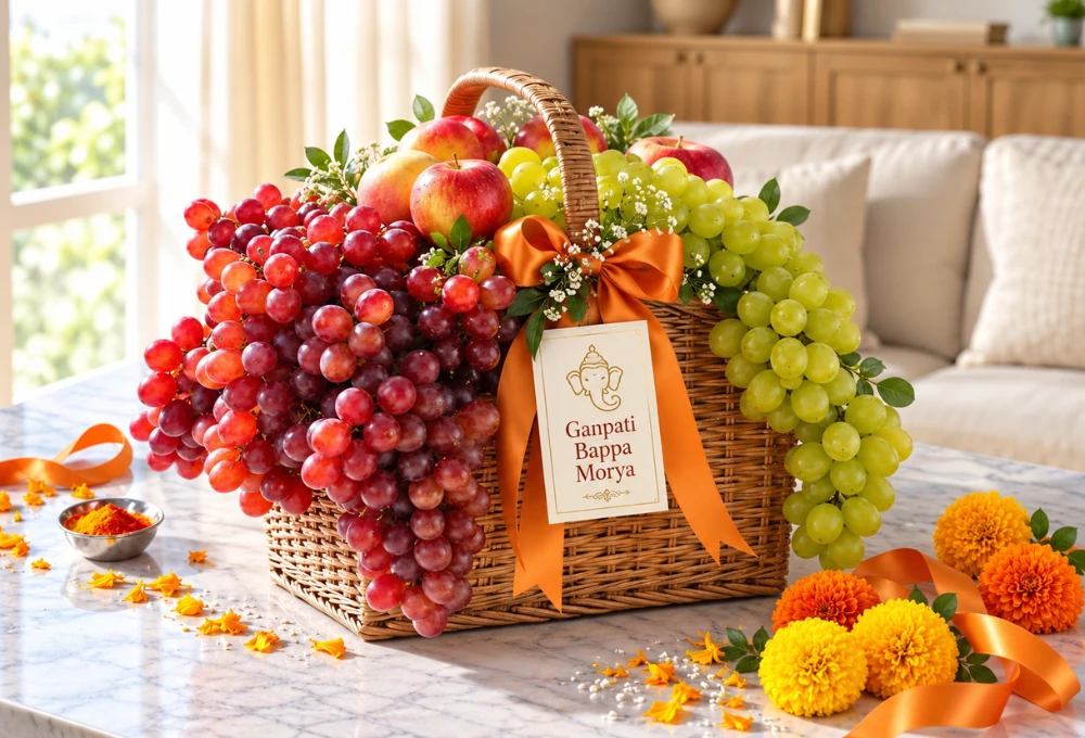 Premium Ganpati fruit basket with Red Globe Grapes, Green Muscat Grapes and Nectarines with greeting cards