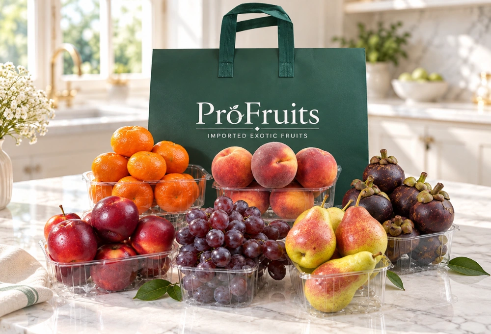 Premium fruit gift bag with mandarins, Red Beauty pears, Rockit apples, Spanish yellow peaches, Red Globe grapes and mangosteens beautifully presented in premium ProFruits packaging