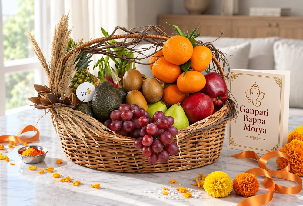 Premium Ganpati woven fruit basket with Pineapple, Avocado, Red Globe Grapes, Golden Kiwi, Oranges, Dragon Fruit, Apples and Pears
