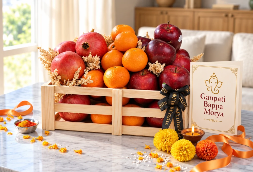 Fresh Pomegranate 1.5kg, Premium Mandarins 1.5kg and Washington Apples 2kg in Wooden Tray with Ganpati Greeting Card.