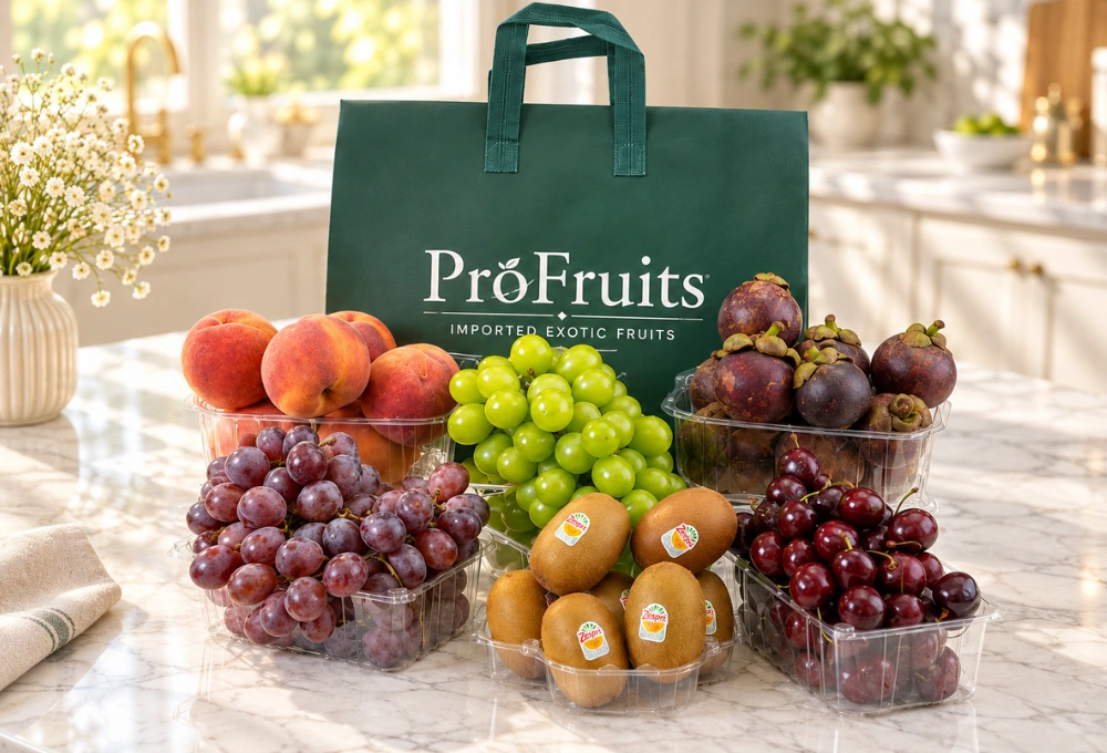 Premium exotic fruit gift bag with Golden Kiwi, Rockit apples, Spanish yellow peaches, Red Globe grapes, Green Muscat grapes, mangosteens and Canadian cherries in ProFruits packaging