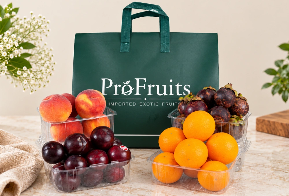 Fruit gift bag featuring Valencia Oranges, China Plums, Spanish Yellow Peaches and Mangosteens.
