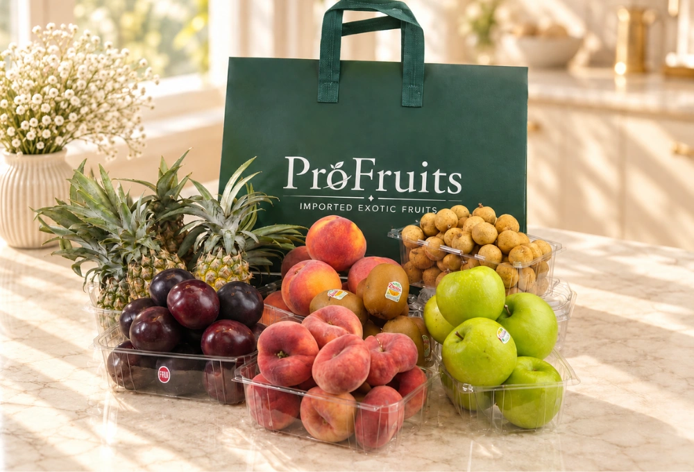 Premium exotic fruit gift bag with Spanish yellow peaches, Golden Kiwi, Donut peaches, Thai Honey Pineapple, Longan and China Plums in ProFruits packaging
