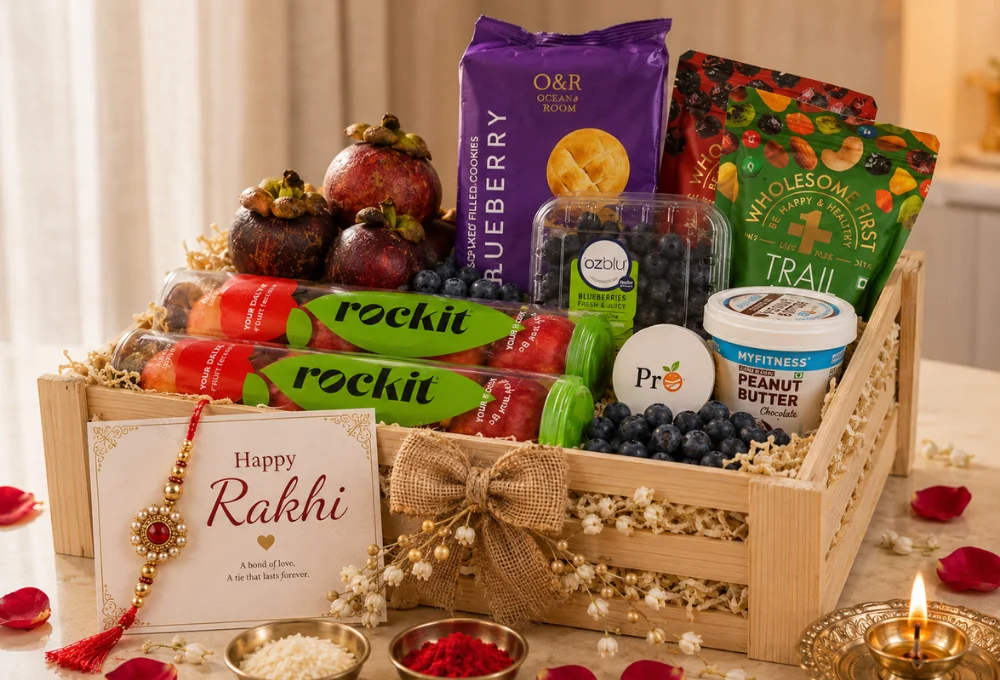 Premium Apple, Mangosteen, Blueberry & Healthy Snacks Raksha Bandhan Gift Hamper