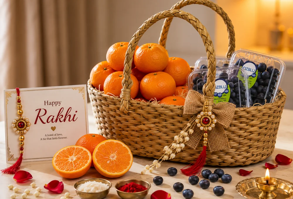 Premium Mandarin Orange & Blueberry Raksha Bandhan Fruit Basket