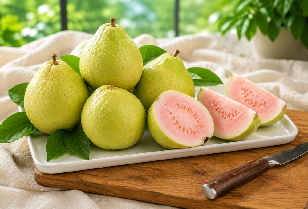 Fresh pink guava with vibrant pink pulp and green outer skin