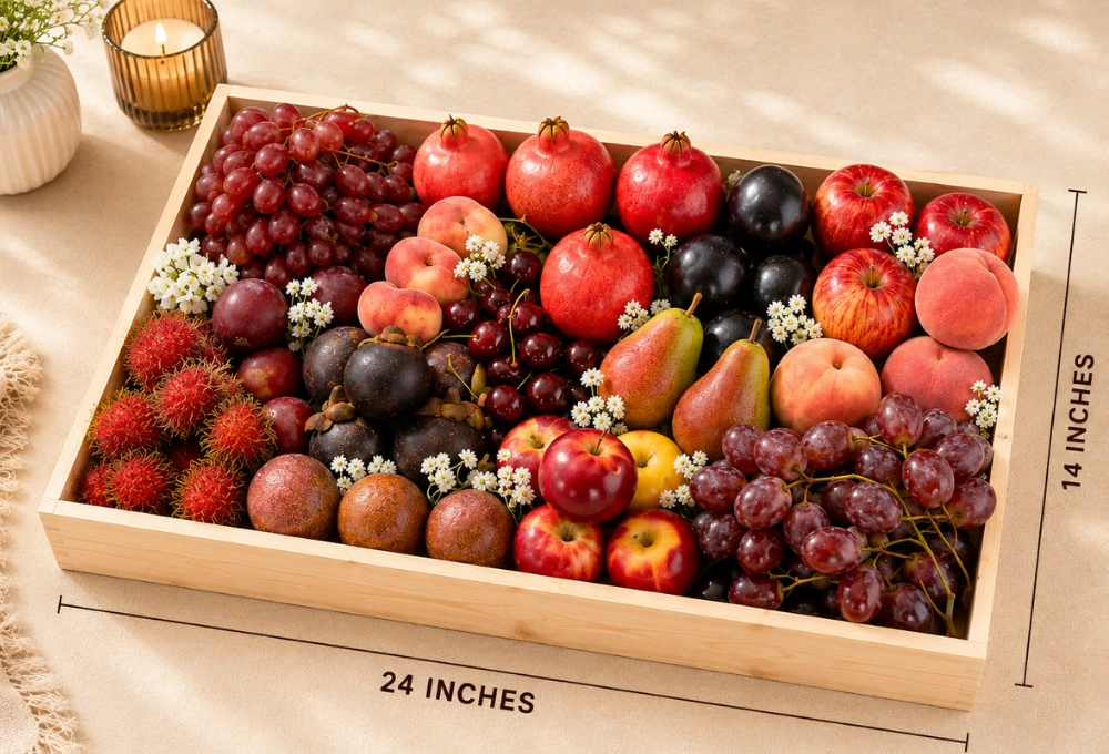 Red Seedless Grape, Donut Peach, Pomegranate, China Plum, Mini Apple, Rambutan, Mangosteen, Cherries, Red Beauty Pear, Spanish Peach, Rockit Apple, Red Globe Grape, and Passion Fruit.