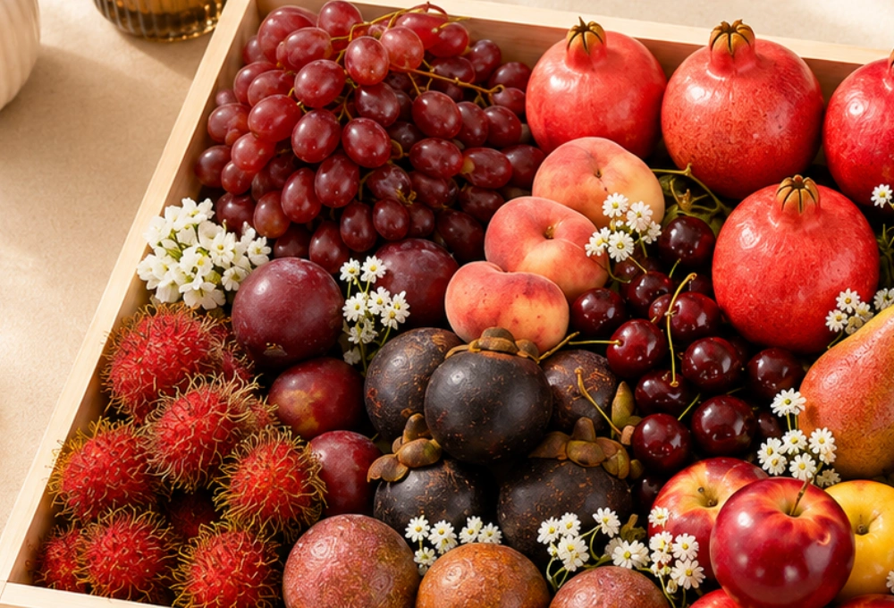 Red Seedless Grape, Donut Peach, Pomegranate, China Plum, Mini Apple, Rambutan, Mangosteen, Cherries, Red Beauty Pear, Spanish Peach, Rockit Apple, Red Globe Grape, and Passion Fruit.