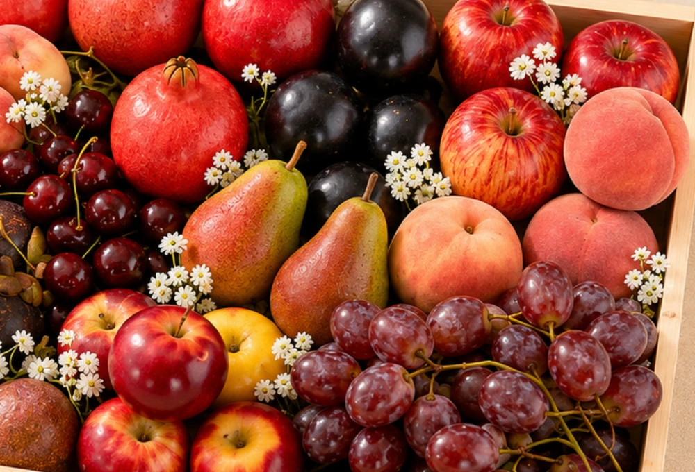 Red Seedless Grape, Donut Peach, Pomegranate, China Plum, Mini Apple, Rambutan, Mangosteen, Cherries, Red Beauty Pear, Spanish Peach, Rockit Apple, Red Globe Grape, and Passion Fruit.