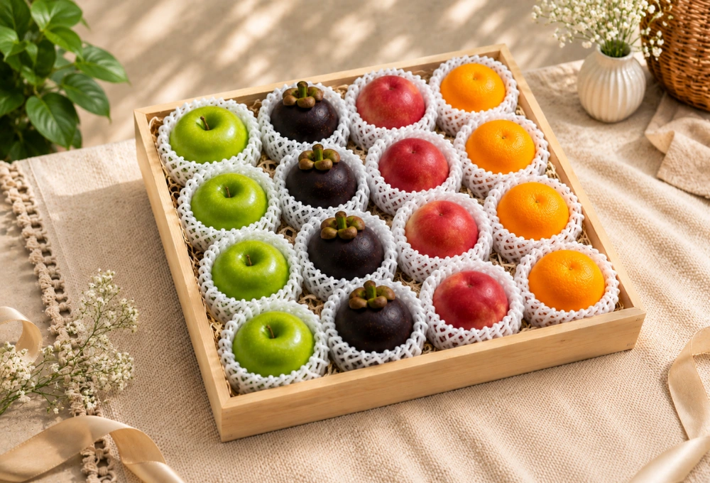 Green Apples, Mangosteens, Nectarines, & Fresh Oranges in a Premium Wooden Tray