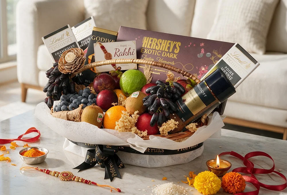 Royal Rakhi Gourmet Luxury Hamper | Exotic Fruits, Chocolates & Davidoff Coffee | ProFruits