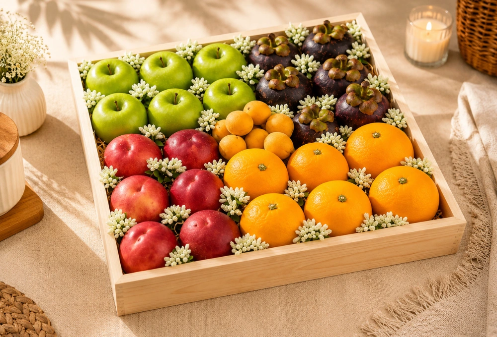 Green Apples, Premium Mangosteens, Fresh Oranges, Nectarines & Ladakh Apricots in an Elegant Wooden Fruit Tray
